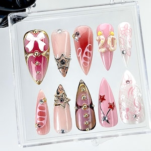 3D Star Bow Pink Press On Nails | Artistic Y2K Style Fake Nails |Trendy Cute Handmade Nail Art |Starry Pink Press Ons |Gothic Nails |HB873YK