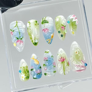 3D Koi Fish Press On Nails | Nature Inspired Fake Nails | Japanese Water Garden Nail Art |3D Lotus and Koi Fake Nails |Summer Nails |HB865YC