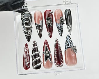 Gothic 3D Skull Press On Nails | Halloween Spider Web Nail Art HC598T