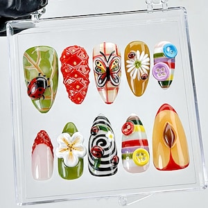 Whimsical Garden Press On Nails | 3D Ladybug & Butterfly Fake Nails | Rainbow Cottagecore Nail Art | Floral Garden Nature Press Ons |HB891YC