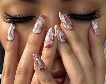 Uñas postizas con vitrales para San Valentín / Uñas artísticas en rosa y blanco / Diseño de uñas de lujo para San Valentín / Regalo para San Valentín / Regalo para ella / HC1241HC