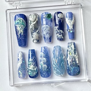 Enchanted Seascape Press On Nails | Ocean-Inspired Press On Nails | Luxurious Hand-Painted Nail Art | Ocean nails | Fake Nails | HD240T