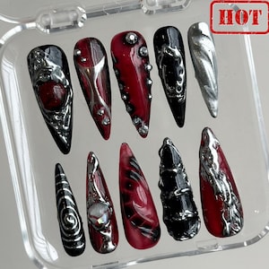 Hand-Painted Free-Style Press On Nails | Silver Metallic Crystal Long Stiletto | Custom Chrome Fake Nails | Y2K, Goth, Gothic Nails |HC295NL