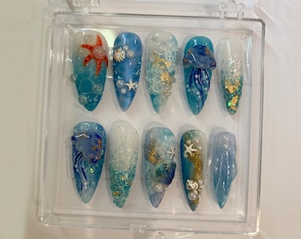 Blue Ocean-Inspired Press On Nails | Cute Jellyfish Designs | Adorable Marine Press On Nails | Almond Nails | Blue Sea Design | HD370TT