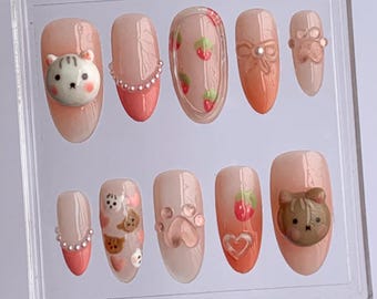 3D Animal Press On Nails | Handcrafted Pet Nail Art with Pearls, Gems