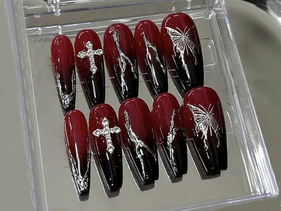 Black & Red Press On Nails | Gothic-inspired Short Long Coffin Nail Set | Silver 3D Gel Nail Art | Unique Nail Set | Fake Nails | HC325A
