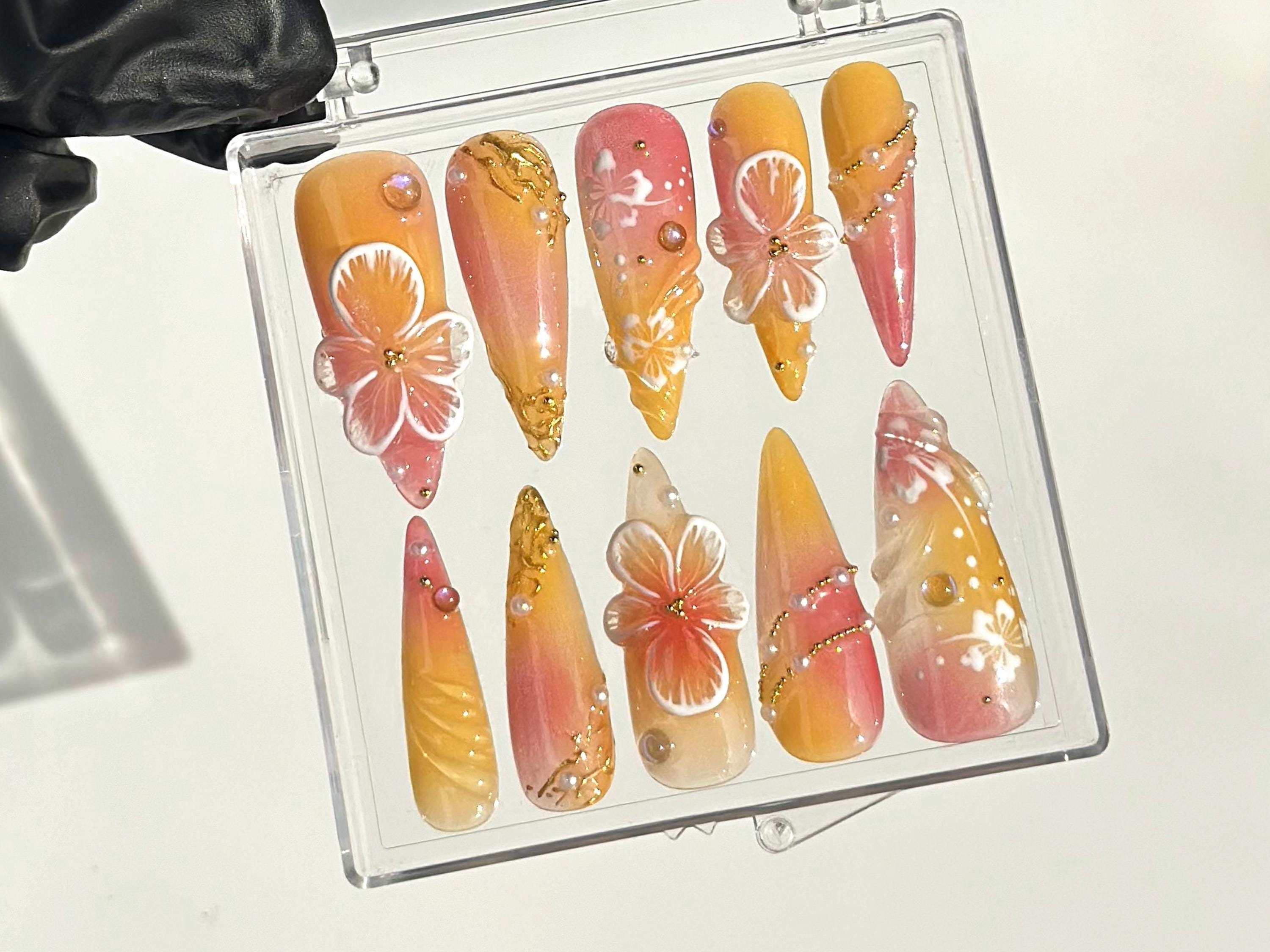 Luxury Floral Hand-Painted Press On Nails | Tropical Flower Fake nails| Floral Fantasy Nail Art | Boho Chic Style Acrylic Nails | HB637YC