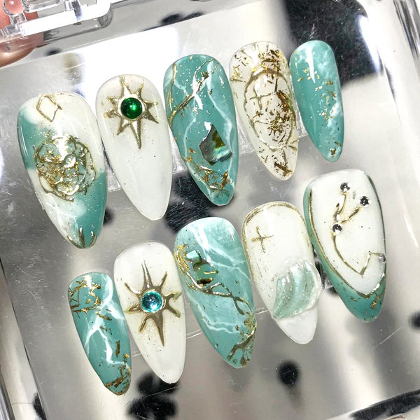 Jade Green Jelly Nail Art | Sparkling Silver Glitter Acrylic Nails | Luxe Gold Flakes with Turquoise Accents On Fake Nails |Y2k Nails| HC54T