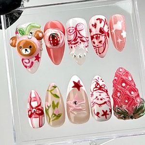 3D Teddy Bear & Strawberry Press On Nails | Kawaii-Themed Fake Nails | Sweet and Stylish Looks Nail Art | Cute Nails | Holiday Nails|HC684YC