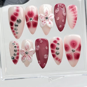 Handmade Press On Nailsl Floral Accent Nails| Custom Luxury Nails |Burgundy Flower Nails | 3D Floral Press On Nails | HB805LK