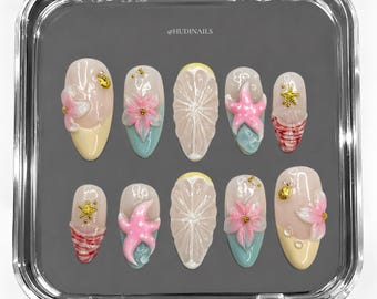 Summer Beach Press On Nails | 3D Starfish & Hibiscus Flower Nails | Tropical Ocean Mermaid Fake Nails | Vacation Nails | HB069UG