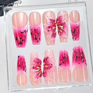 Hot Pink Bloom Press On Nails By HudiNails | 3D Flower Tips with Dragon Fruit Fake Nails | Pink Floral 3D Nail Art | 3D Floral Nails|HB831YC
