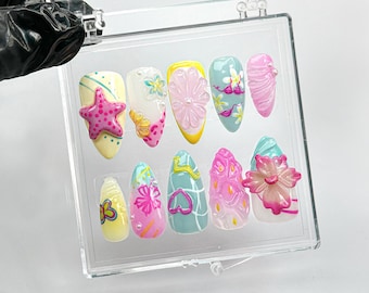Summer Vacation Press-On Nails | Handmade Summer Nail Art | Vacation-Ready Nail Set | Playful Cute Nail | Sea Star & Butterfly Nail |HB804HC