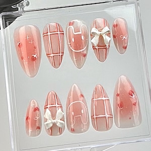 Sweet Pink Delights Press On Nail | Kawaii Pink Bow Nail Polish | 3D Strawberry and Bunny Nail Art | Adorable Pastel Nails | HC486YK