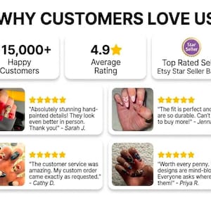 May include: Image showcasing customer testimonials for nail art. The image includes text that reads "WHY CUSTOMERS LOVE US" and highlights the number of happy customers, average rating, and Etsy Star Seller Badge. Customer reviews are also displayed.