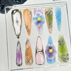Colorful Chrome Flower Press On Nails | Pastel 3D Flower Fake Nails | Iridescent Metallic Nail Art | Holographic Flower Nails | HB839YK