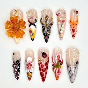 Colorful Summer Press On Nails | Wild Nature Design Fake Nails | Jungle Vibes Nail Art | 3D Floral Jungle Nails | Artistic Nails | HB914YC