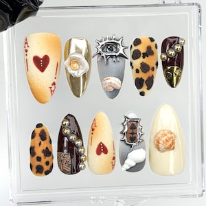 Gothic Cowgirl Press On Nails | Playing Card & Leopard Mix Set | Surreal Gold 3D Press On Nails | 3D Gothic Press On Nail Set | HB847HK