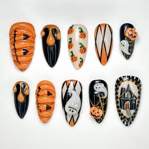 Pumpkin Haunted Night Press On Nails | 3D Ghost Pumpkin Nail Art | Handmade Halloween Nail Design | Black & Orange Press Ons | HB102HC