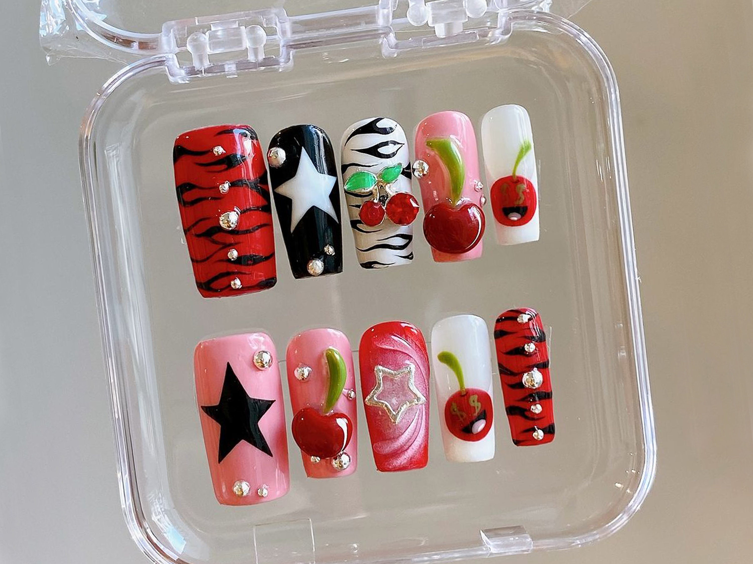 Bold Cherry & Star Press On Nails | Cherry Tiger Fake Nails | Zebra Star Cherry Nail Art | Wild Cherry Nail Polish | Star-Studded | HC519Y