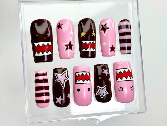 Kawaii Pink Monster Press On Nails | Domo Character Nail Art | Pink & Brown Cartoon Nails | Cute Star Stripes Nails | Handmade Nails|HC970DC
