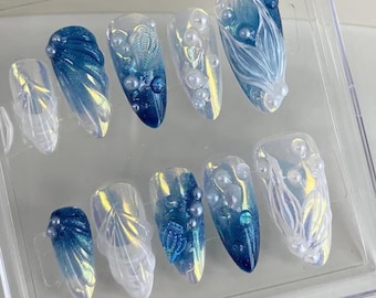 3D Ocean Dream Press On Nails | Pearl & Shell, Blue Almond HC476Y