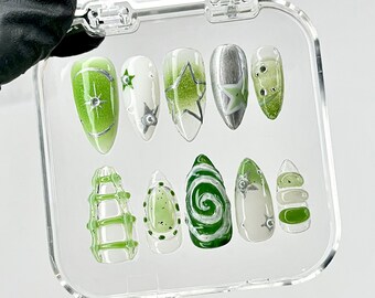 Green Galaxy Press On Nails | Silver Star Swirl Nail Art HC419TC