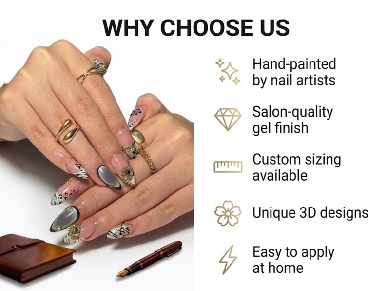 May include: Image features hands with long, decorated nails and multiple rings. The nails showcase various designs, including floral patterns, geometric shapes, and a cat-eye effect. Text reads "WHY CHOOSE US" with bullet points: hand-painted, salon-quality gel finish, custom sizing, unique 3D designs, and easy to apply.