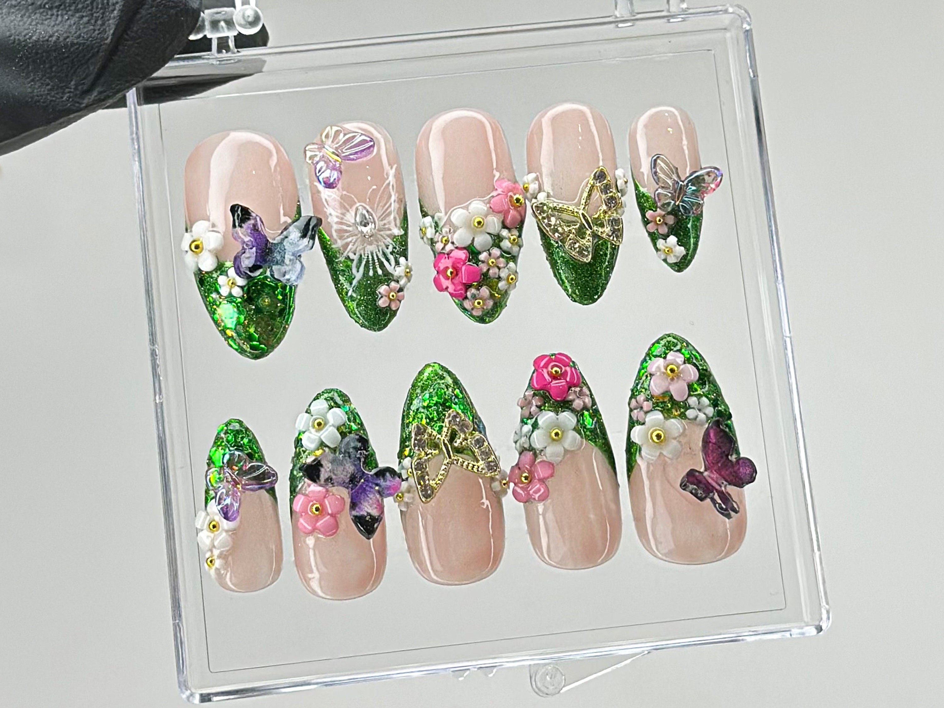 Luxury Green Glitter Press On Nails | Handcrafted Secret Garden Press On Nails |3D Butterfly and Floral Nail Art | summer nails | HB435TL