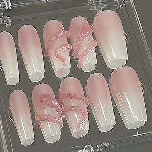 Handpainted Pink Snake Press On Nails | Pink White Marble Ombre Halloween Nail Set| Snake Nails | Goth, Gothic, Y2K | Fake Nails | HD342A