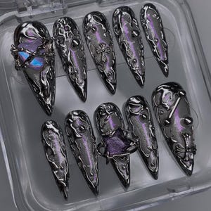 Gothic Metallic Black Long Stiletto Nails | 3D Gothic Style Black and Silver Nail Art | Textured 3D Design Fake Nails | Purple Nails |HC741Y
