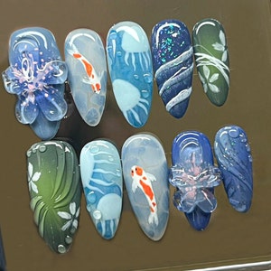 Ocean-Inspired Press On Nails with 3D Oceanic Marvels | 3D Sea Creatures On Fake Nails | Y2k - Inspired 3D Gel Nail Art |Gift for her|HD185T