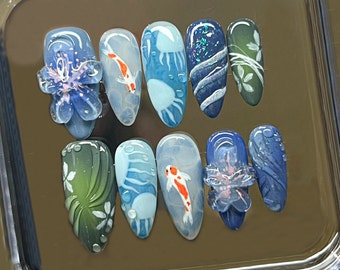 Ocean-inspirierte Press On Nails mit 3D Oceanic | y2k Nägel | Ocean Nägel | Künstliche Nägel | Y2k Inspiriert Nagel Kunst | sommerpresse auf nägeln | KW185T