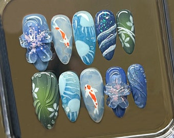 Ocean-Inspired Press On Nails with 3D Oceanic Marvels | 3D Sea Creatures On Fake Nails | Y2k - Inspired 3D Gel Nail Art |Gift for her|HD185T