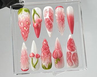 Hand-Painted 3D Fruit Press On Nails | Strawberry & Cherry Nail Art | HB513TK