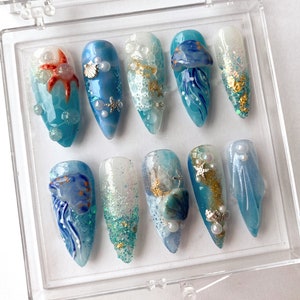Blue Ocean-Inspired Press On Nails | Cute Jellyfish Designs | Adorable Marine Press On Nails | Almond Nails | Blue Sea Design  | HB370SL