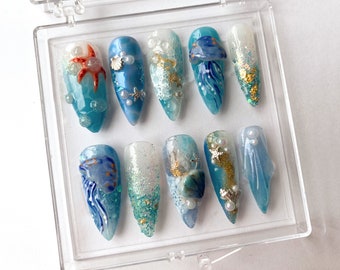 Blue Ocean-Inspired Press On Nails | Cute Jellyfish Designs | Adorable Marine Press On Nails | Almond Nails | Blue Sea Design | HD370TT