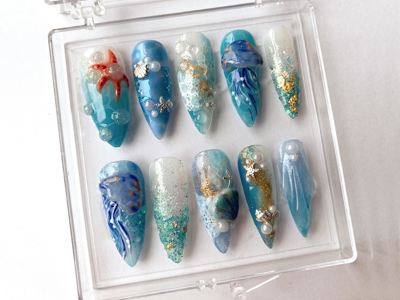 Blue Ocean-Inspired Press On Nails Cute Jellyfish Designs Adorable Marine Press On Nails Almond Nails Blue Sea Design HD370TT image 1