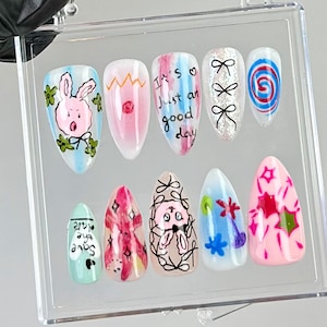 Easter Bunny Press On Nails | Y2K Harajuku Nail Art | Playful Cartoon Fake Nails |Cute Japanese Nails | Adorable Bunny Kawaii Nails |HB768YC