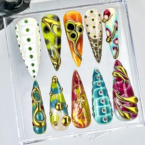 Luxury Artistic Nails by HudiNails | Colorful Sculpted Fake Nails | Bold Color Mix Nail Art | Textured Gold Swirls Nail Art | HC814YC