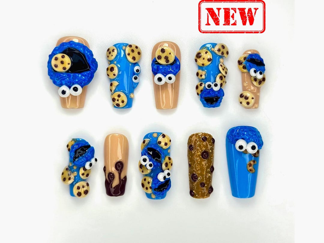 Cookie Monster Press on Nails | Fun Blue 3D Cookie Nail Art | Cute ...