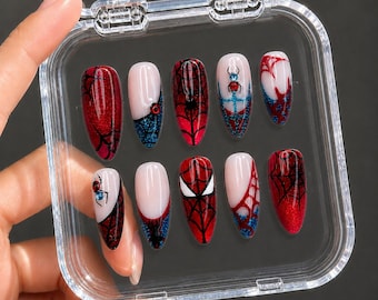 Spider Web Press On Nails | Red Black Graphic Nail Set | Comic Inspired Almond Nails | Glitter Statement Manicure | HC1381JC