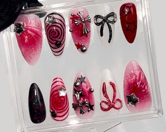 Dazzling Y2K Vibes Press On Nails | Unique Twist On Fake Nails | Cute Bow and Sparkling Silver Star Charms Nail Art | HC177T