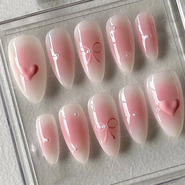 Air Brush Pink Press On Nails | Jelly Pink & White Ombre Nail Set | Ribbon Motif in Fake Nails | Heart 3D Gel Nail Art | Cute Nails | HD332A