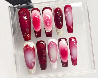 Frenchie Pink Press On Nails | French Tip Coffin Almond Nails | mother day gift | Ombre Impress Fake Nails | Cute Nails | HC304A