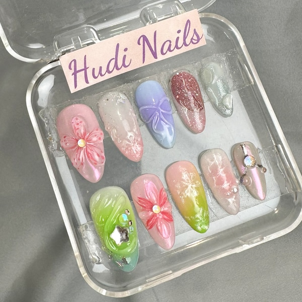 Y2K-Inspired Press On Nails | Colorful Nail Set with 3D Flower Patterns and Adorable Bows | 3D Flower Gel Art | Unique 3D Set | HD158H