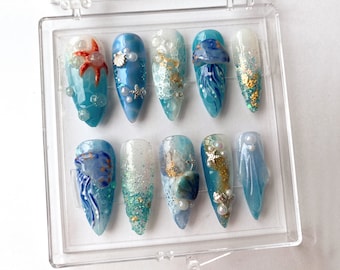 Blue Ocean-Inspired Press On Nails | Cute Jellyfish Designs | Adorable Marine Press On Nails | Almond Nails | Blue Sea Design | HD370TT