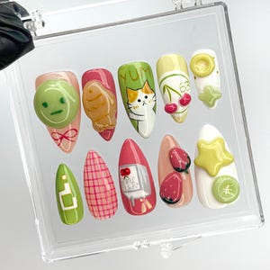 Kawaii Fruit Press On Nails | Cat and Strawberry Nail Design | Unique Cute Cartoon Nails | Adorable Food Nail Set | HB830HK
