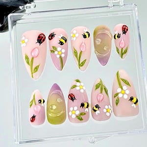 Spring Garden Bug Press On Nails | Ladybug Bee 3D Fake Nails | Cute Bee & Ladybug Nail Art | Floral Garden Press Ons | Bee Lover | HB890YC