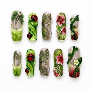 3D Ladybug Dragonfly Press On Nails | Enchanted Forest Garden Nail Art HB1004EK